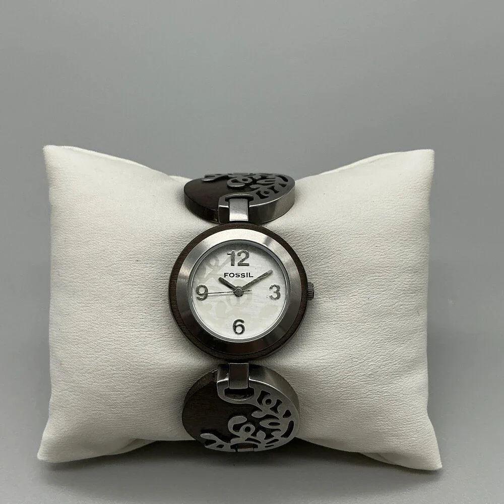 Fossil Women Watch 26mm White Dial Wood Stainless Band ES-2051 New Battery 6.25